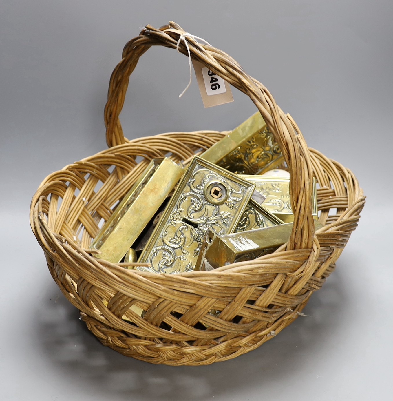 Seven late 19th century/early 20th century brass door locks and cases and assorted door furniture etc